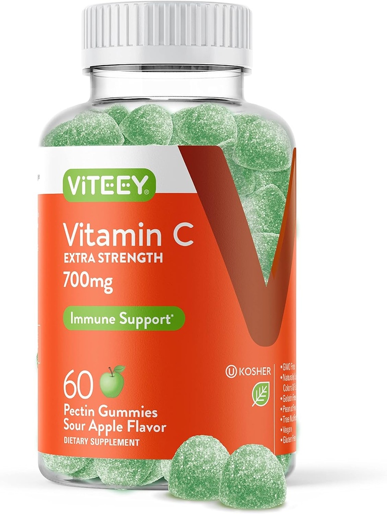 Viteey Kauwbare vitamine C Gummies voor volwassenen - 700mg Extra sterkte Immuun Ondersteuning Supplement - Vegan, Glutenvrij - 60 Tel.