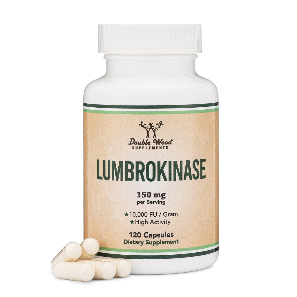 Lumbrokinase Enzymen Supplement - 120 Capsules (Max activiteit 10.000 FU/Gram) 150mg per portie (Geen fillers, Non-GMO, Glutenvrij) voor Cardiovasculaire en Bloedcirculatie Ondersteuning door Dubbel Hout