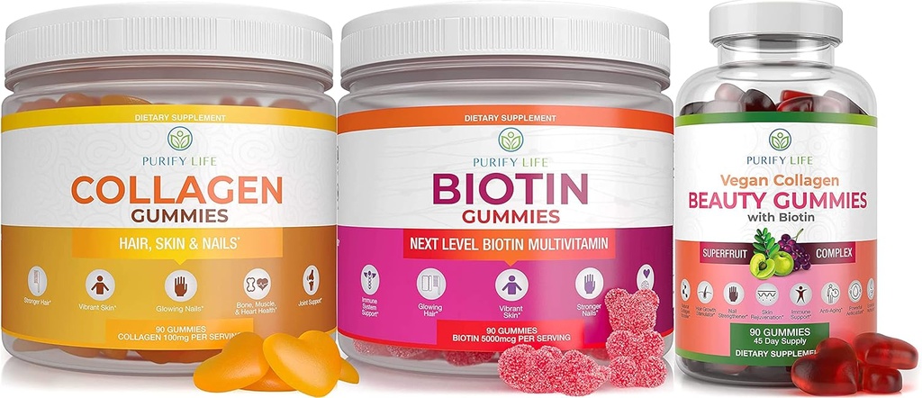 Purify Life Marine Collageen, Biotin, & Vegan Collageen Bundle, Gummies for Hair Skin and Nails (Bulk - 90 Kauwen), Joint Care Vitamine, Immune Support, Beauty, Detox & Cleanse, Vervang Capsules, Pillen