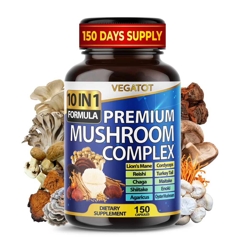 10 in 1 High Strength Mushroom Supplement - Lions Mane, Cordyceps, Reishi - Hersensupplementen voor geheugen en focus ** 5-maand levering