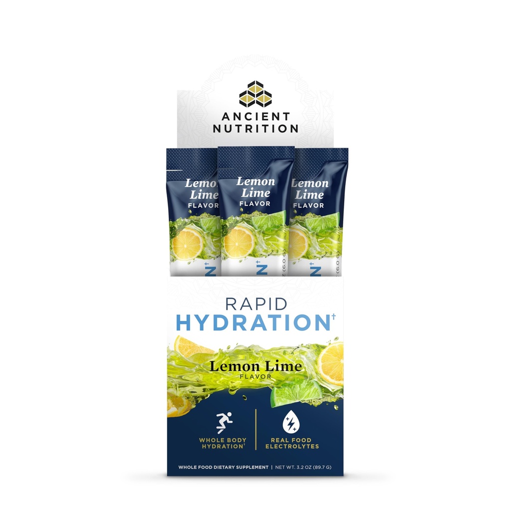 Ancient Nutrition Rapid Hydration Powder, Lemon Lime, Elektrolyten uit natuurlijke zee Zouten en Red Marine Algen, Ondersteunt Rapid Body Hydration en Cellular Health, 15 porties