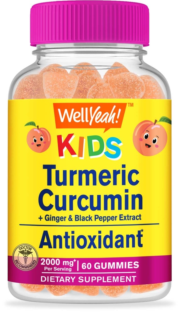 WellYeah Curcumine curcumine avec des gommes de poivre noir pour les enfants - soutien immunitaire naturel, santé articulaire et musculaire, santé digestive et fonction cérébrale - non-OGM, végétalien, sans gluten - 60 comte