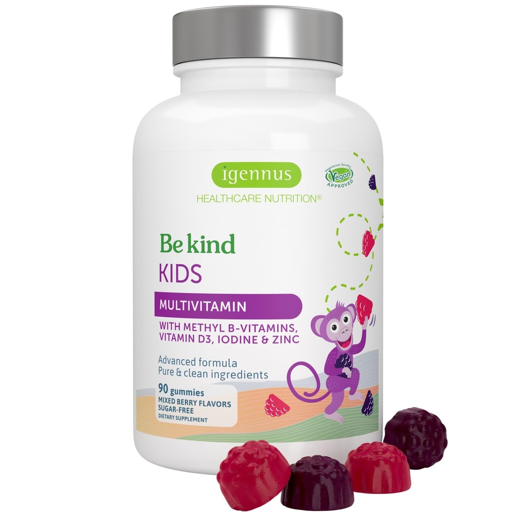 Igennus Gemethyleerde Kids Multivitamine Gummy, MTHFR, Geen kunstmatige zoetstoffen of smaken, Suikervrij, Leeftijd 4+, 90 Natuurlijke Berry smaak Gummies van fruitpoeder, Non-GMO, Halal, Clean Label