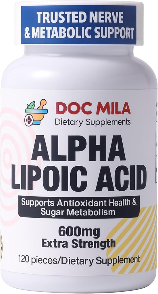 Acide alpha lipoïque 600mg 120 Caplets - Support de neuropathie périphérique Nerve Sciatica - Sans gluten, végétalien et non OGM pour les adultes