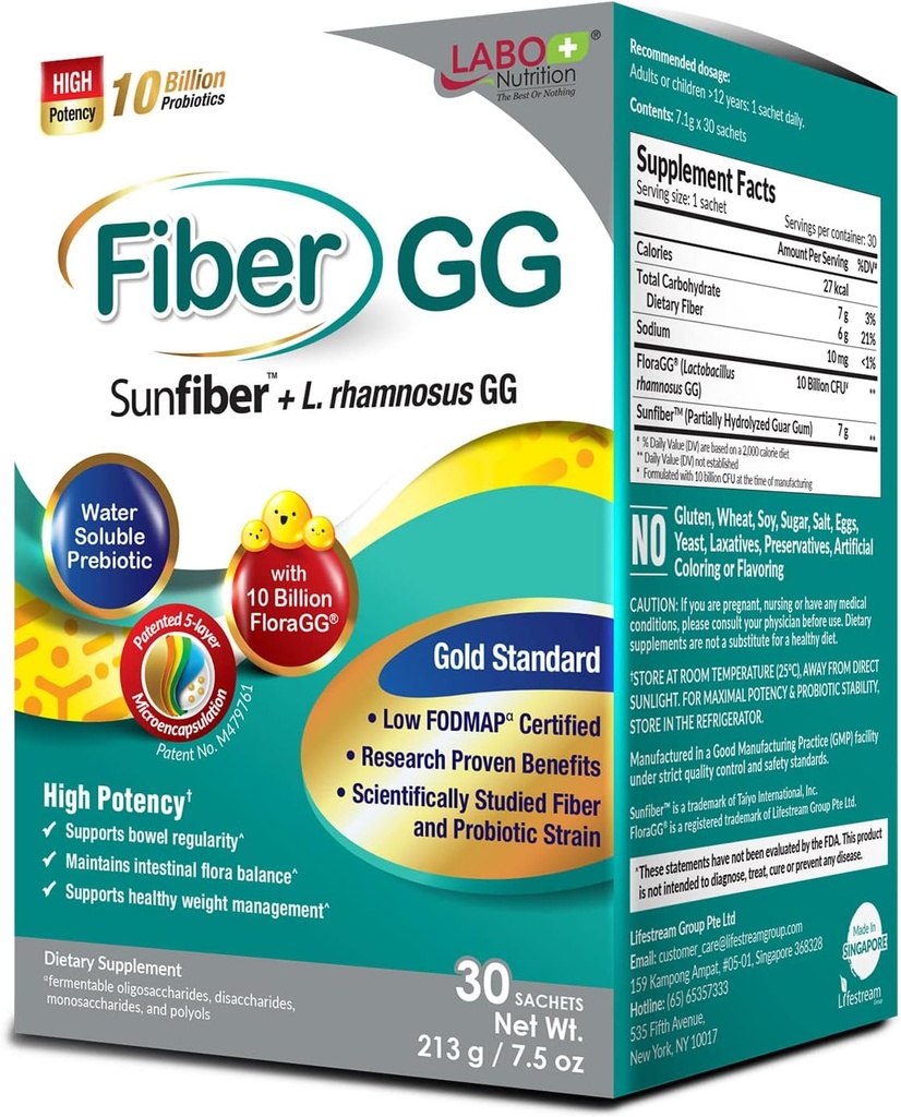 LABO Nutrition FiberGG, Lactobacillus Rhamnosus GG 10 miljard CFU Actieve Probiotica en 7g Sunfiber Prebiotic Fiber Supplement, Ondersteuning Gezonde Intestinale, Immune Health, Glutenvrij, 30 Sachets
