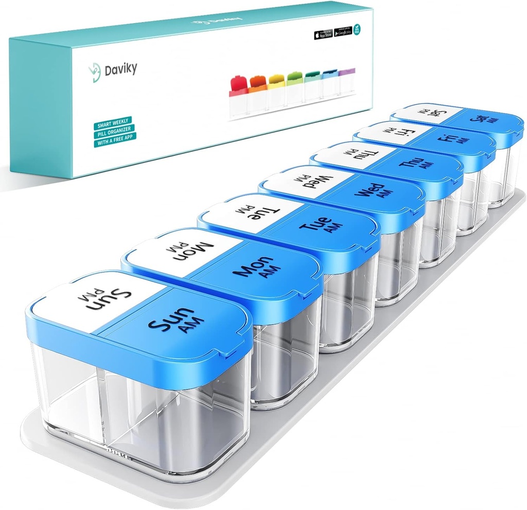 Daviky Large Pill Organizer 2 keer per dag - XL Pill Box 7 Dag, Big Vitamine houder met 7 Afneembare AM/PM Compartments, Big Supplement Container voor wekelijks of dagelijks gebruik (Blauw)