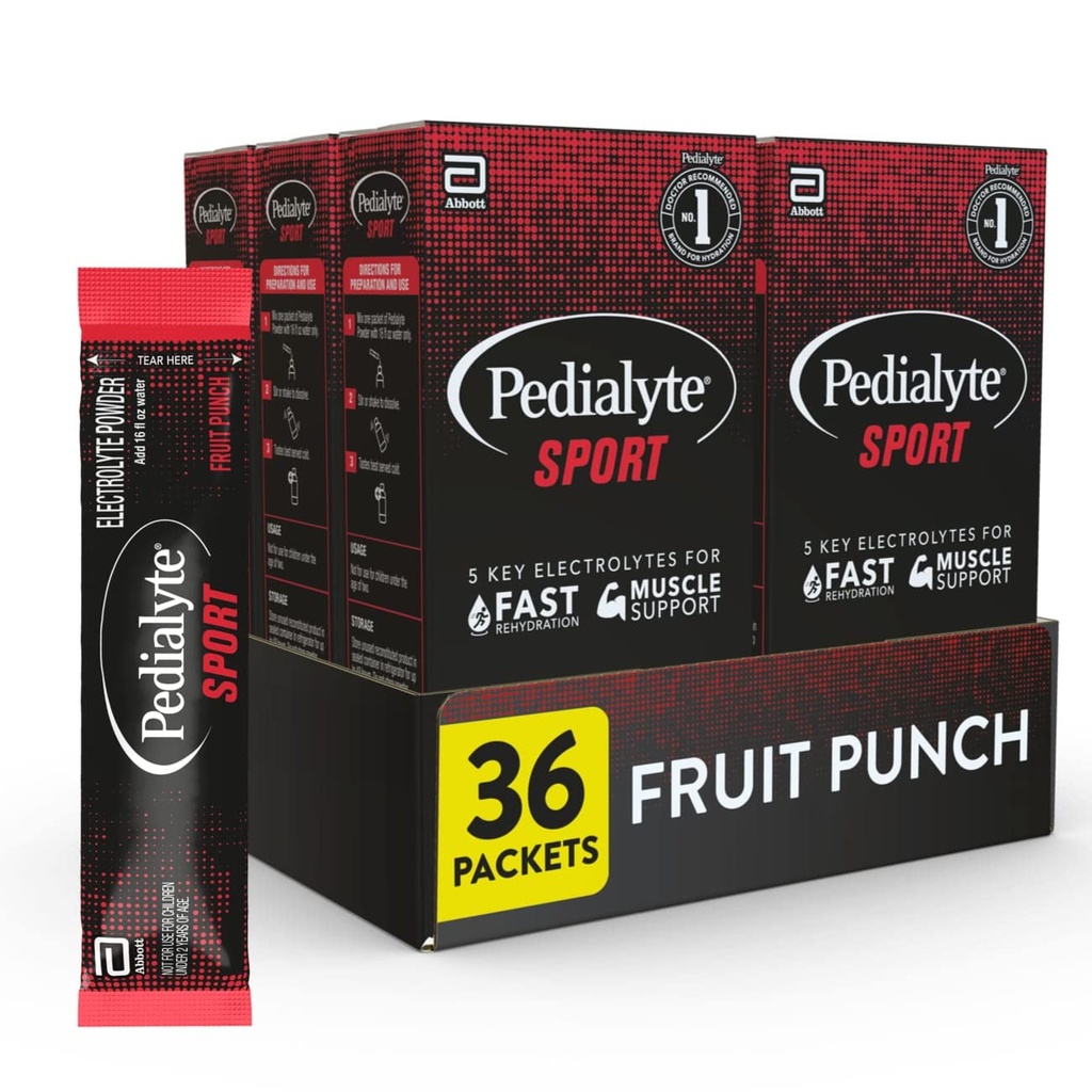 Pedialyte Sport Electrolyte poeder, snelle hydratatie met 5 belangrijke elektrolyten voor spierondersteuning voor, tijdens, & na de training, Fruit Punch, 0,49 Oz Sachets 6 Tellen (pakket van 6)