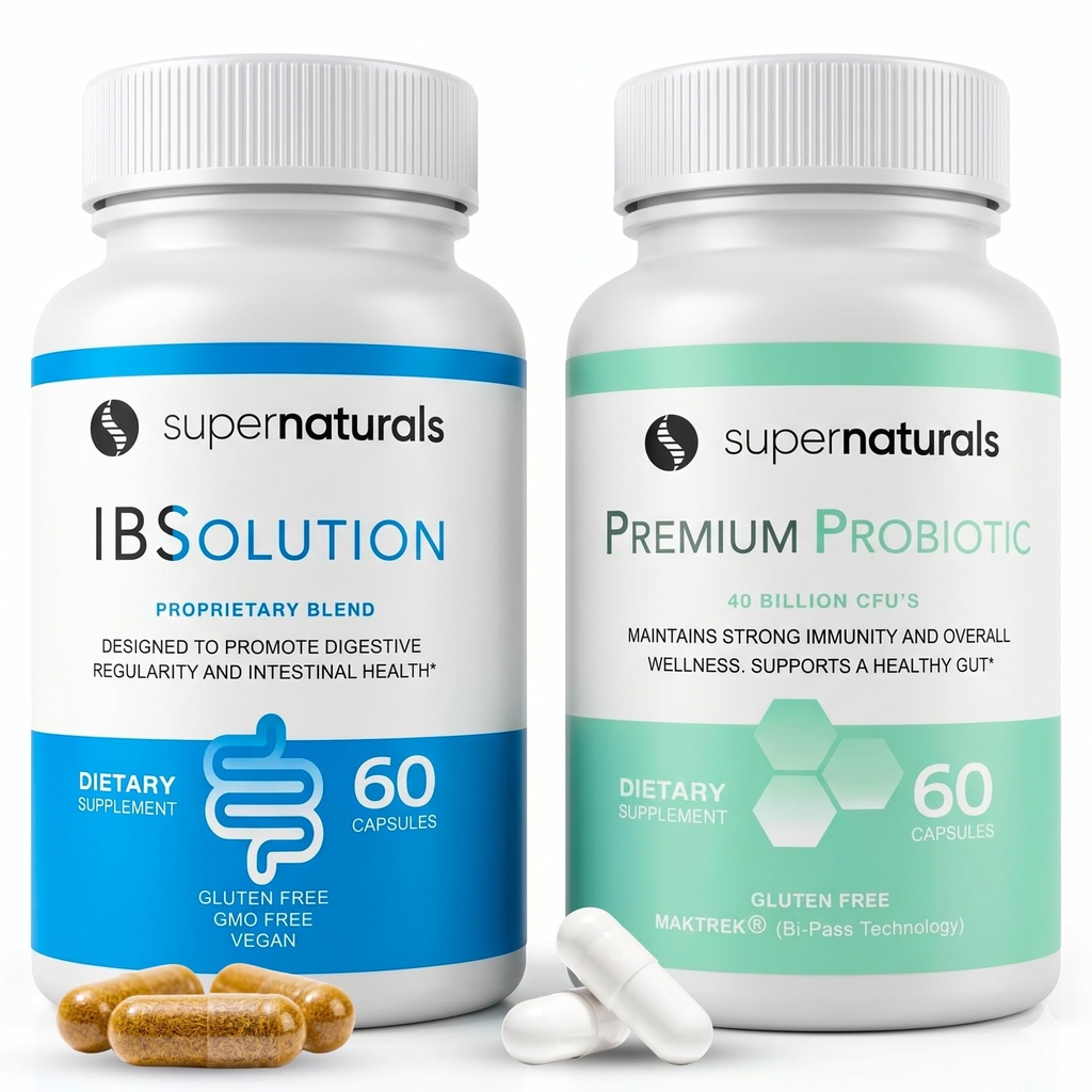 IBSolution Gut Health Bundle - All Natural Gut Health Support & Premium Probiotics w/ 40 Billion CFU for Support of Irregular Bowels, Bloating, Constipation, Gas, Abdominal Pain - 2 Pack (120 Caps)