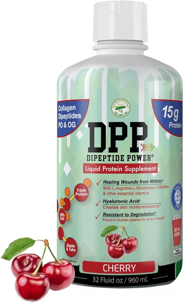 DPP Dipeptide Power, Wond-Healing, 30X Meer Collageen Dipeptiden dan Poeder, Liquid Proteine Supplement, Sugar-Free, Ondersteunt Gezond weefsel Reparatie, Voet Ulcers, Cosmetisch Chirurgie (Cherry, 32 Fl Oz)