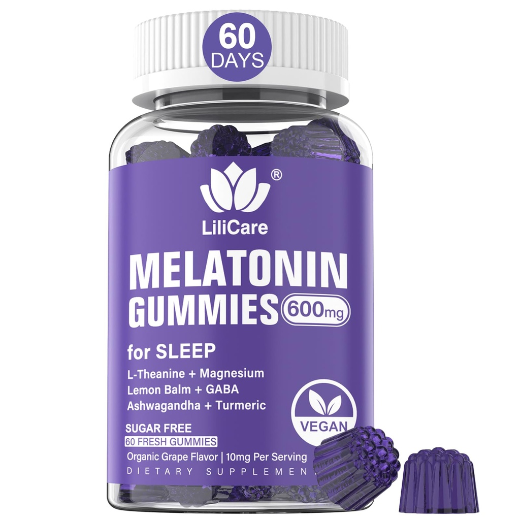 Melatonine Gummies 10mg 20mg voor volwassenen, Extra sterkte met L-Theanine, Ashwagandha, Magnesium, Kurkuma, GABA, citroenbalsem en kamille voor ondersteuning gezondheid Circadian Rhythm, Vegan Grape Flavor