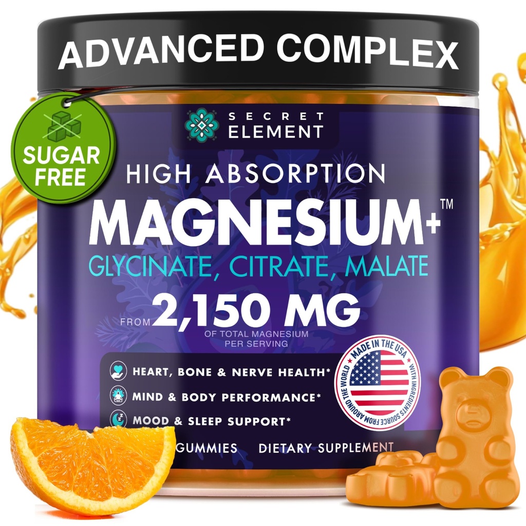 Magnesium Glycinate 2150MG Gummies for Women and Men, High Absorptie Magnesium Glycinate, Citrate, Malate Gummies for Adults & Kids, Slaapondersteuning, Sugar Free, Vegan, 60 Kauwen, Oranje