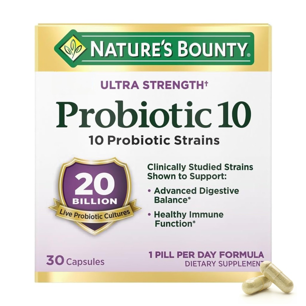 Nature's Bounty Probiotic 10 Dagelijkse Probiotische Supplement voor Digestieve, Immuun, en Bovenademhalingsondersteuning, Ultra Sterkte, 30 Capsules 1 Pack
