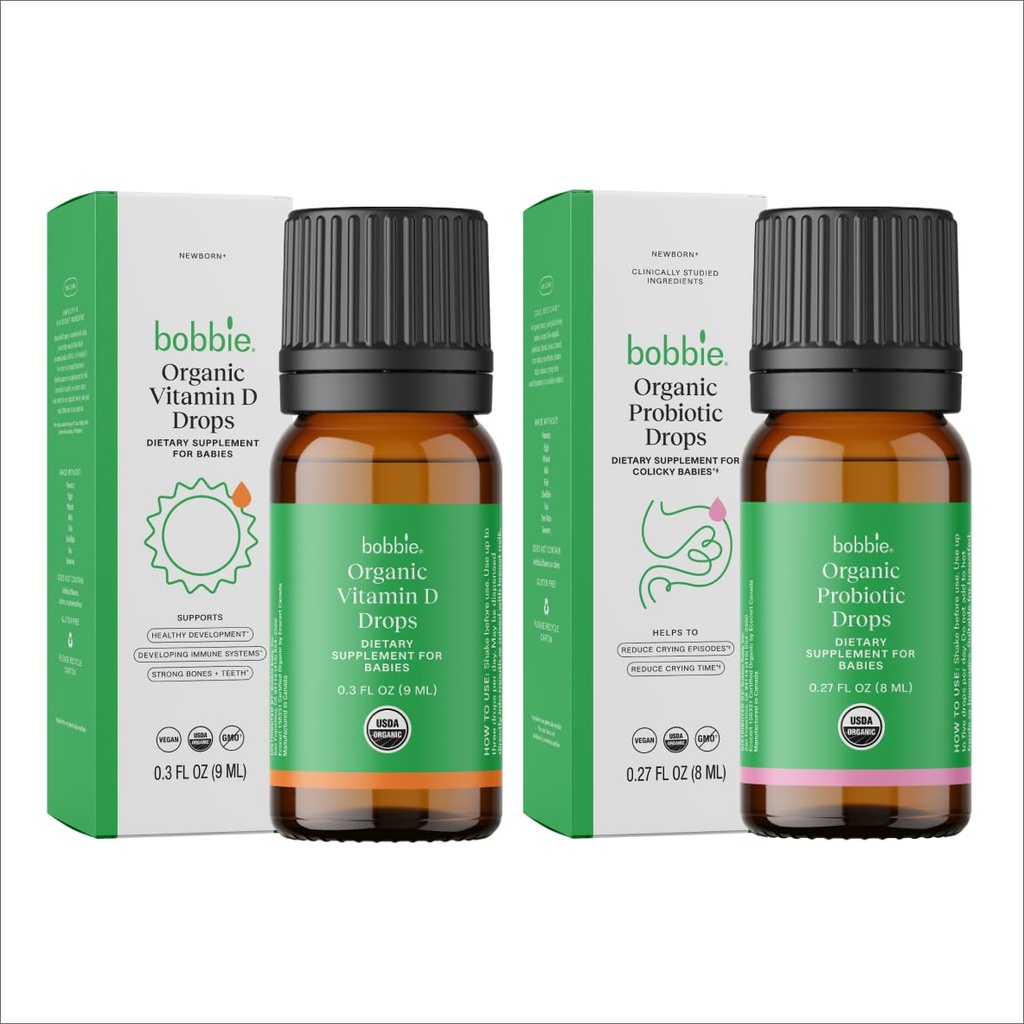 Bobbie Organic Baby Vitamine D en Probiotic Drops Bundle, Daily Liquid Supplements for Immune, Teeth, Bone and Digestive Health Support in pasgeboren baby's en baby's, Veganistan, Baby-Friendly Formula