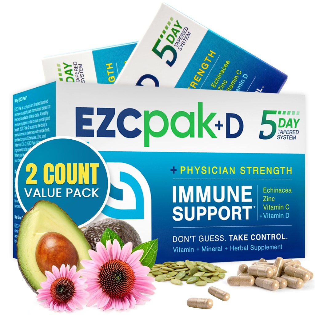 EZC Pak 5 jours Système immunitaire Booster avec Echinacea, Vitamine C, Zinc et Vitamine D - Supplément de soutien immunitaire bandelé pour les adultes - Supports Immunity, Easy Travel-Size Supplément Pack - (Pack de 2)