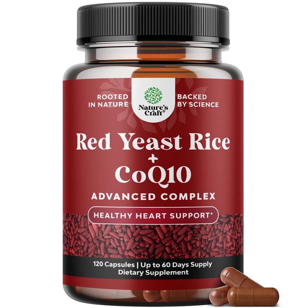 Red Gist Rice with CoQ10 Supplement - Advanced Healthy Heart & Healthy Cholesterol Levels Formula for Men & Women - Extra Strength Capsule with Red Gist Rice 1200 mg Capsules with CoQ10-120 Count