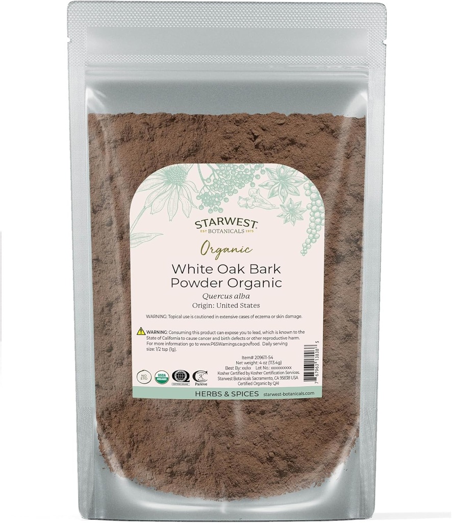 Starwest Botanicals White Oak Bark Powder Biologische - gedroogde kruiden voor thee en natuurlijke kruiden Blends, Pure Quercus Alba, Gecertificeerd Kosher, Niet-GMO - 4 oz Pouch