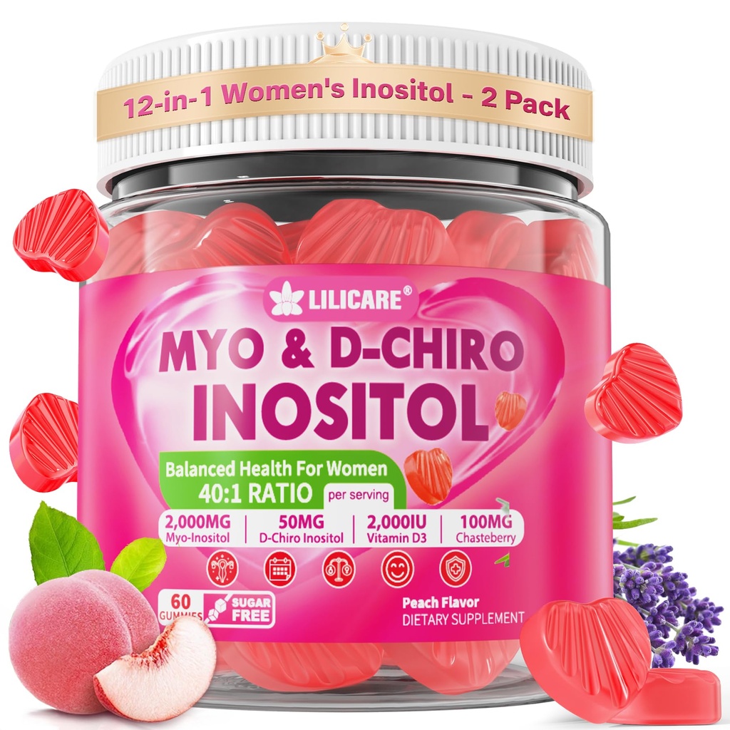 Inositol Gummies for Women + Chasteberry, Myo-Inositol & D-Chiro Inositol 2000mg + 50mg Ideaal 40:1 Ratio met Gemethyleerde B12 & Folaat, Choline, Magnesium, Vitamine D3 voor algehele gezondheid, Pack of 2