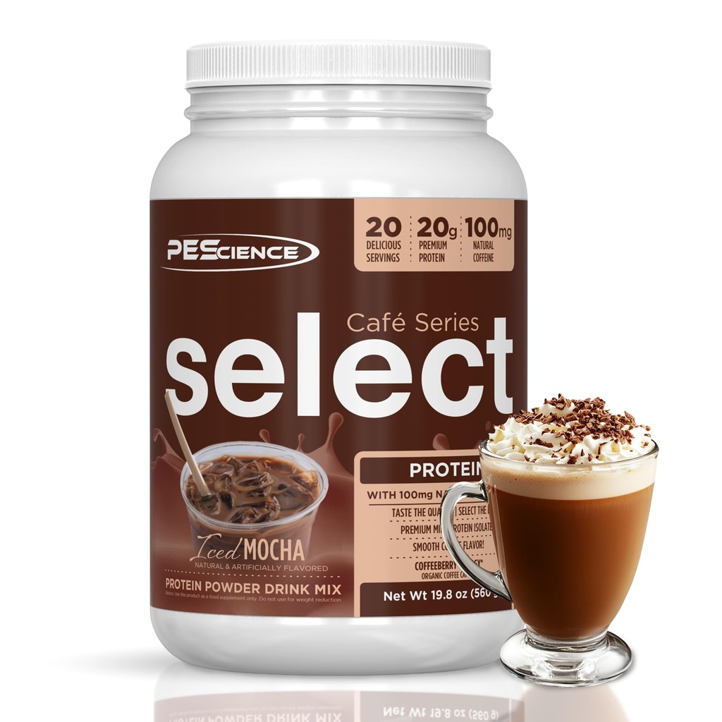 PEScience Select Cafe Protein Coffee Flavored Powder, 100mg Caffeine, 20g Iced Protein Coffee Powder or Creamer - Iced Mocha, 20 Servings