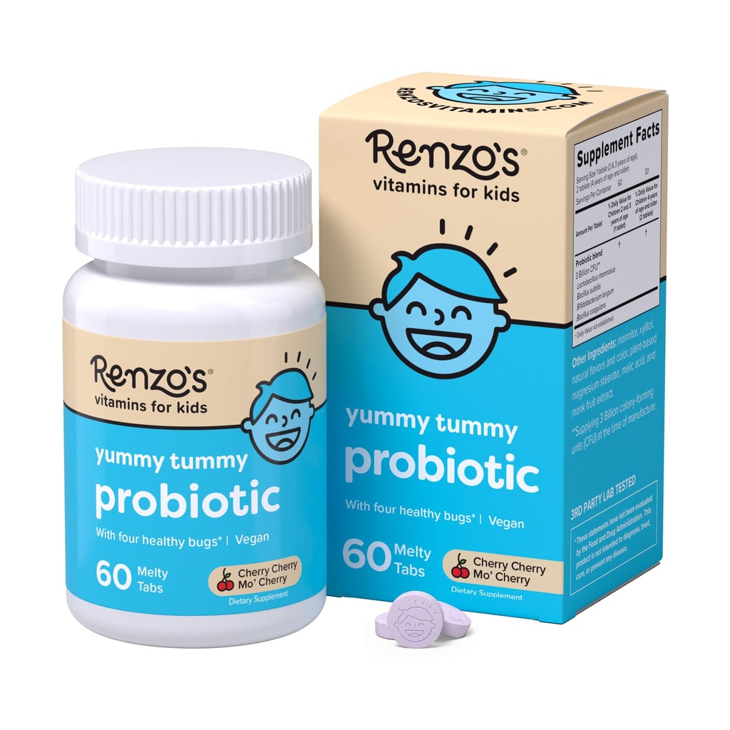 Renzo's Kids Probiotica, Oplosbare Probiotica voor Digestieve Gezondheid & Immune Ondersteuning, 60 Cherry-Flavored Melty Tabs