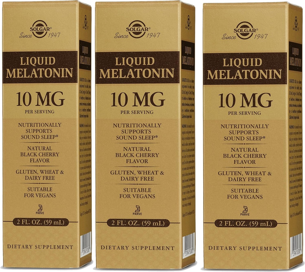 Solgar Liquid Melatonine 10 mg, Natural Black Cherry Flavor - 2 fl oz, Pack of 3 - Geweldig voor Jet Lag - Veganistisch, Glutenvrij - 177 Totaal porties