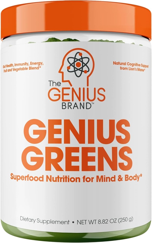 The Genius Brand Genius Greens - Greens Powder for Healthy Mind & Immunity Support - Biologische groenten, bosbessen & Lion's Mane - Handige drankmix - Aangename smaak - 20 porties