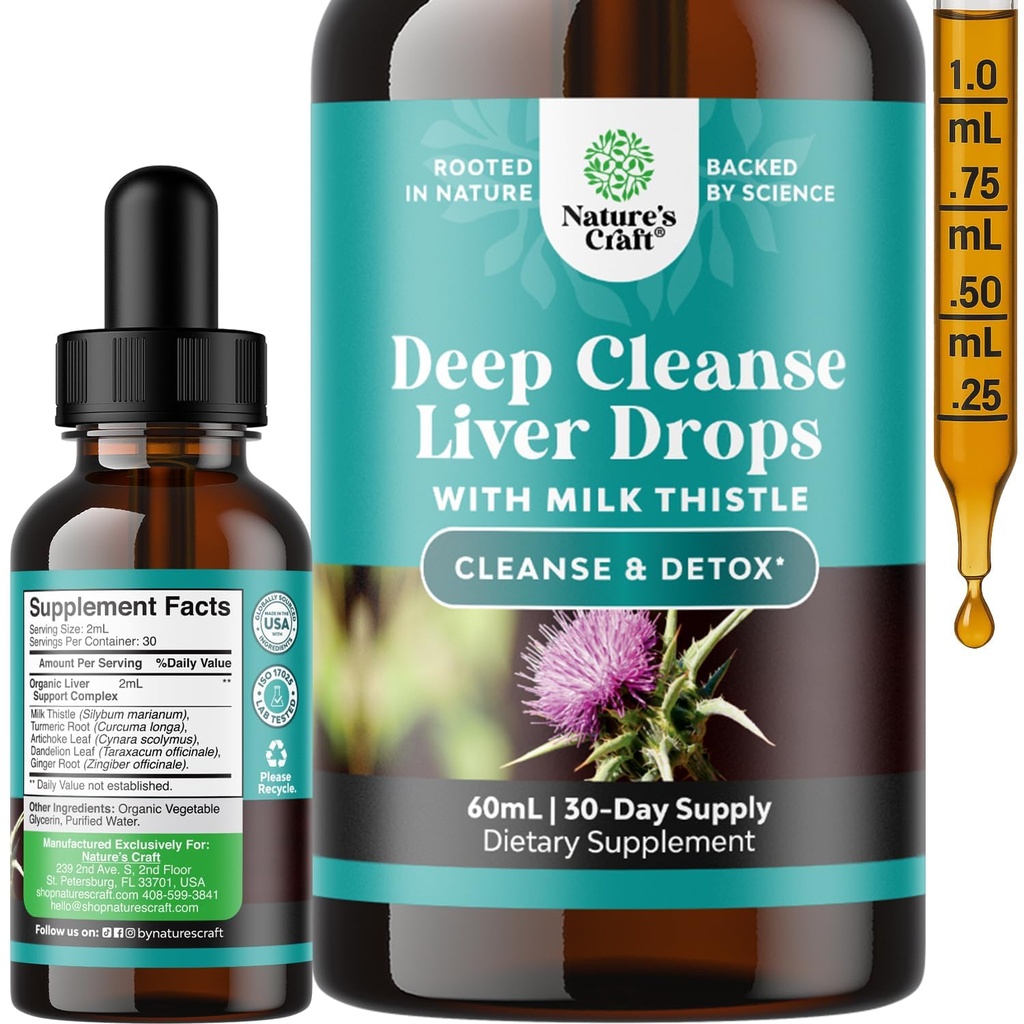 Nettoyage, désintoxication et réparation du foie profond avec gouttes liquides de chardon de lait - Extrait d'artichaut liquide de détox de foie avec feuille de dandelion, gingembre et curcumine curcumine pour l'immunité et nettoyage quotidien - 2Fl OZ