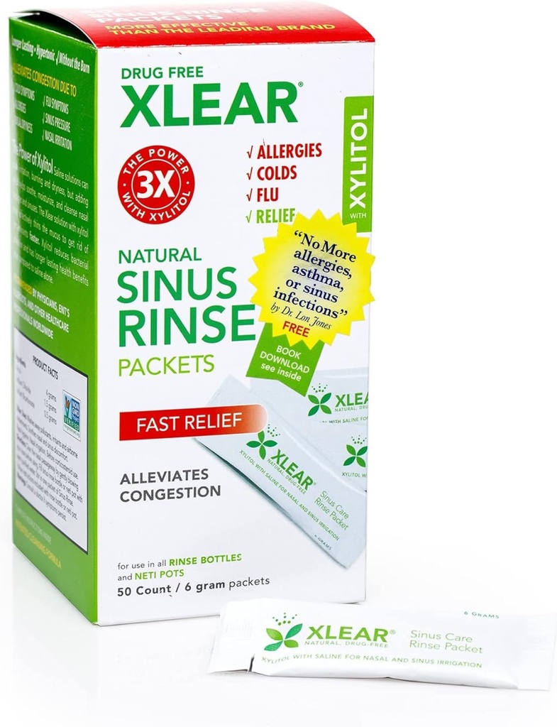 Xlear Natural Xylitol Sinus Rinse Refill, Neti Pot Saline Packets - Neusreiniger voor snelle druk en congestie Relief, werkt met de meeste neus irrigatiesystemen, 50 Tel (pakket van 1)