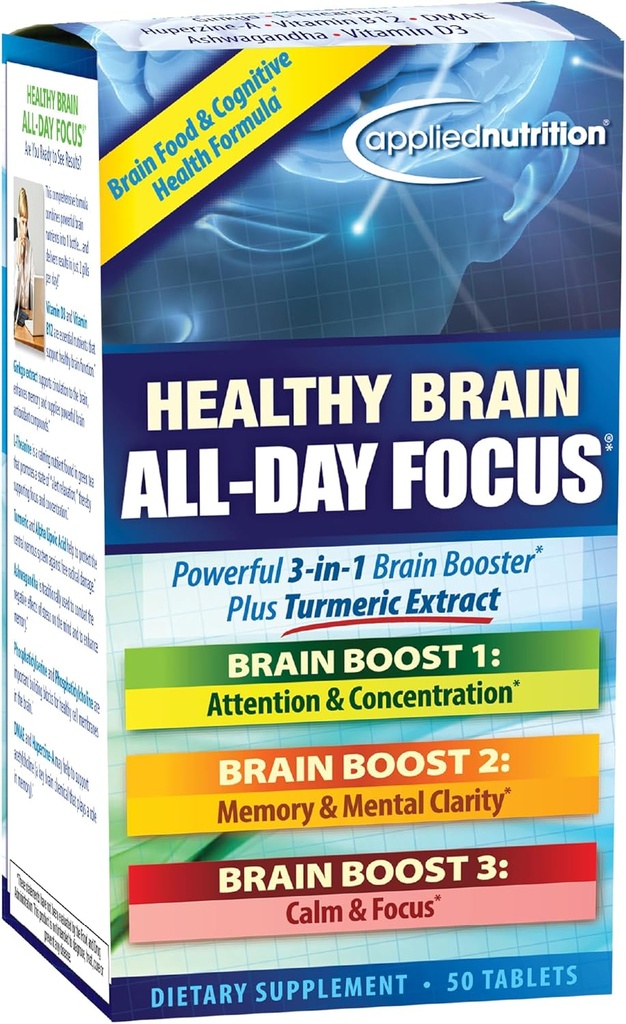 Toegepaste voeding gezonde hersenen All-Day Focus - 50 tabletten - Krachtige 3-in-1 hersenen Booster met Kurkuma Extract - 25 porties