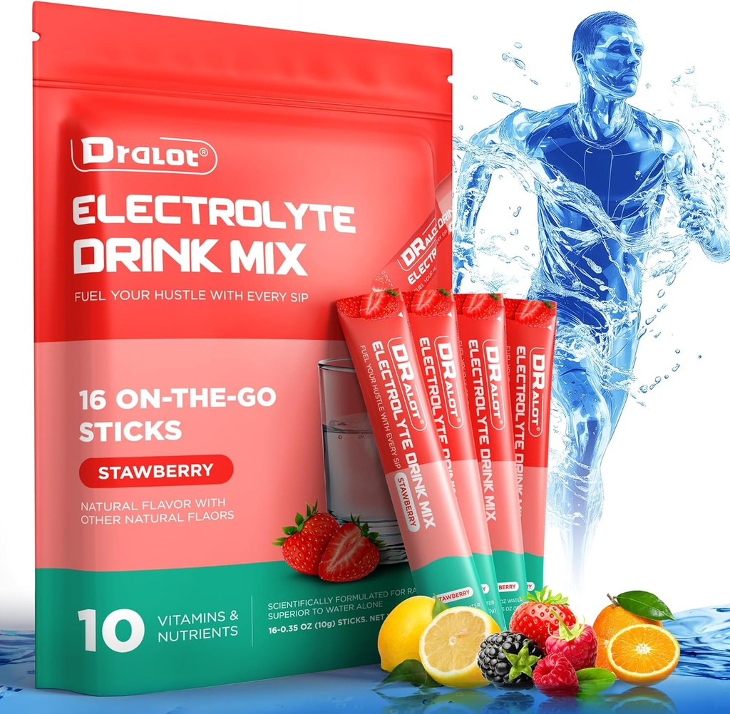 Suikervrije Electrolyten poeder met natuurlijke smaken, 3X snelle hydratatie pakketten met 10 Electrolyte & vitamines, vloeibare dagelijkse IV, Non-GMO, Glutenvrije, Keto, Veganist, 16 Sticks, Aardbei