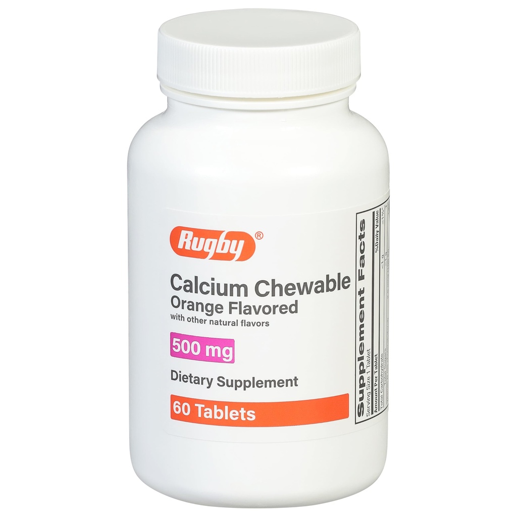 Rugby 500mg Calcium kauwtabletten - Dieetsupplement - Orange Flavored - 60 Tellen (1 Verpakking)