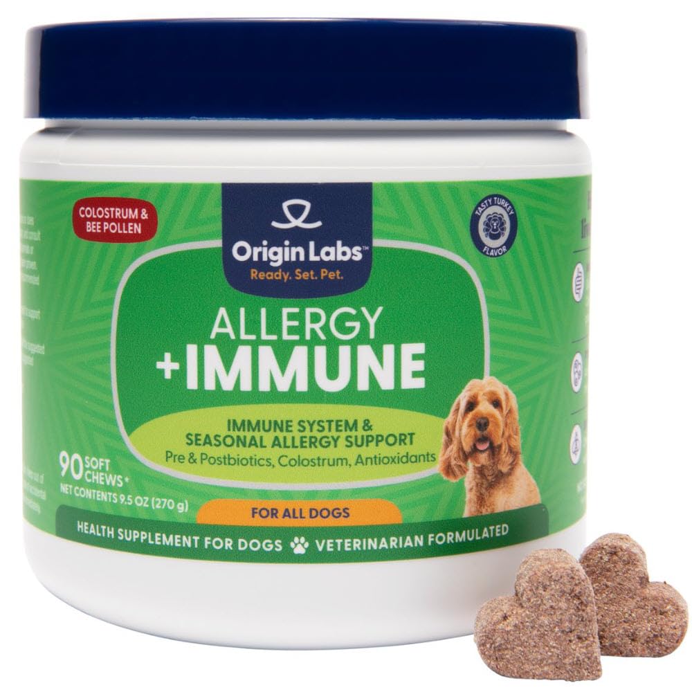 Oorsprong Labs Allergie en Immuun Ondersteuning Supplement, Omega 3 Visolie, Bijenpollen, Colostrum, Probiotica, Prebiotica voor Gut Health, Huid-en Jas Gezondheid, Antioxidanten, Turkije smaak, 90 Zachte Kauwen