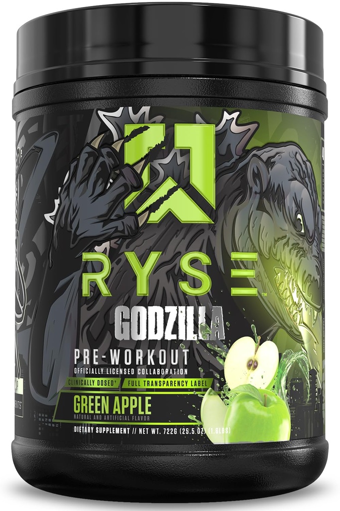 RYSE Godzilla X Noel Deyzel Pre Workout Poudre - Pomme Verte - 400mg Caféine, Pré-entraînement Stim pour les hommes et les femmes avec Citrulline et Beta Alanine - Énergie, Pompe et Focus - 20/40 Servants
