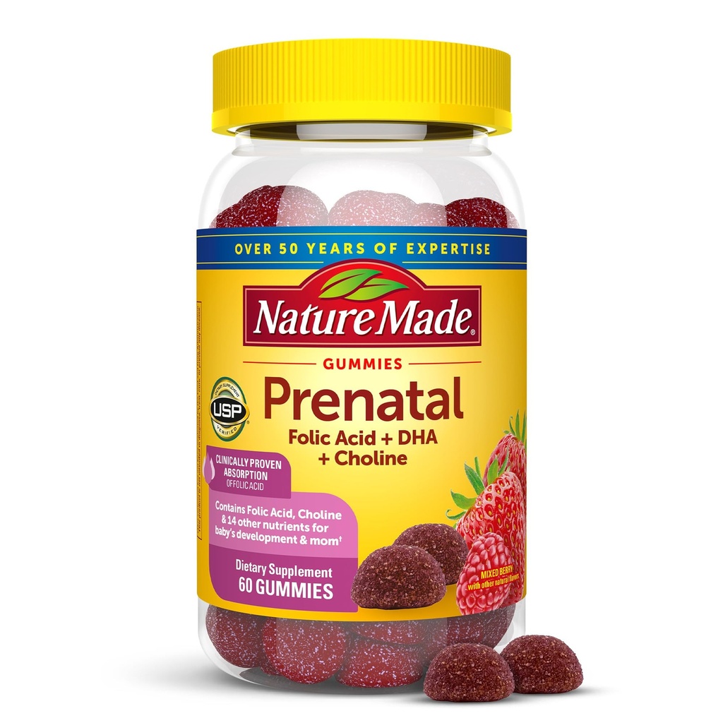 Gommies prénatales faites de nature avec DHA et acide folique, supplément de vitamines et minéraux prénatals pour le soutien nutritionnel quotidien, 60 Gommies, 30 jours d'approvisionnement