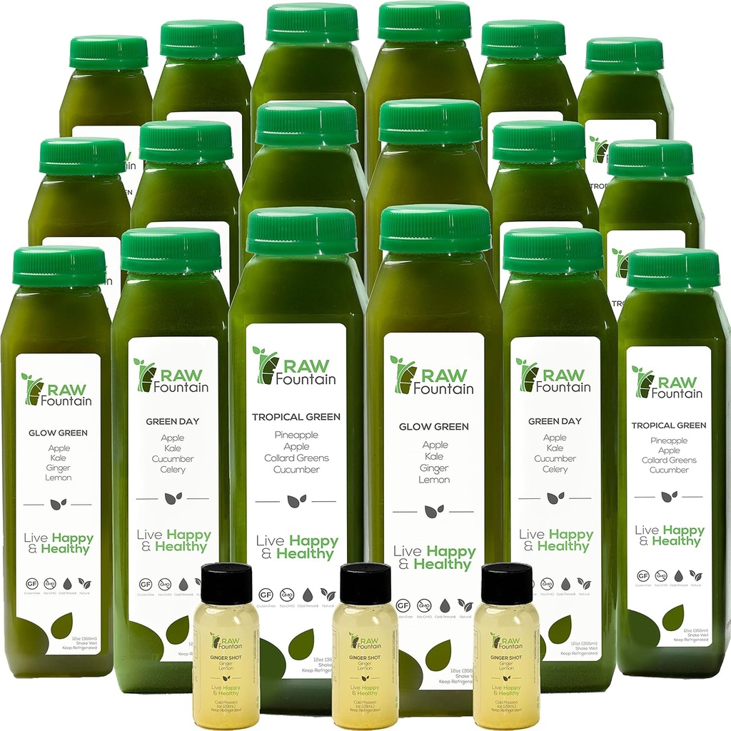 5 dag groen sap reiniging door ruwe fontein, alle natuurlijke raw, Vegan Detox, koud geperst sap, 30 flessen 12oz, 3 Ginger Shots