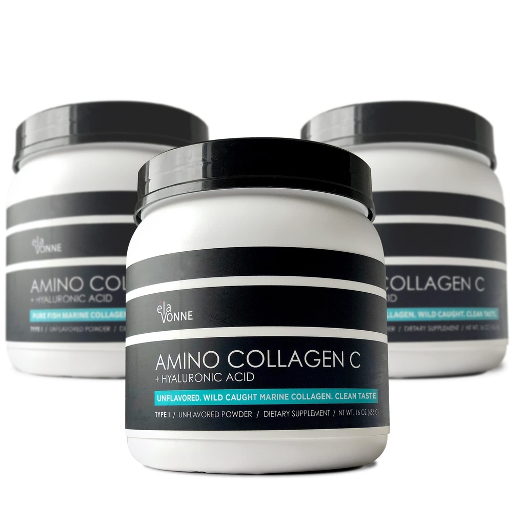 (3-Pack) Amino Collageen C - Collageen Powder (180 Scops) - Marine Collageen Peptiden + Hyaluronzuur. Geen suiker. Geen geur. Niet GGO. VS. voor haar, huid, nagels, gewrichten, & Gut Health.