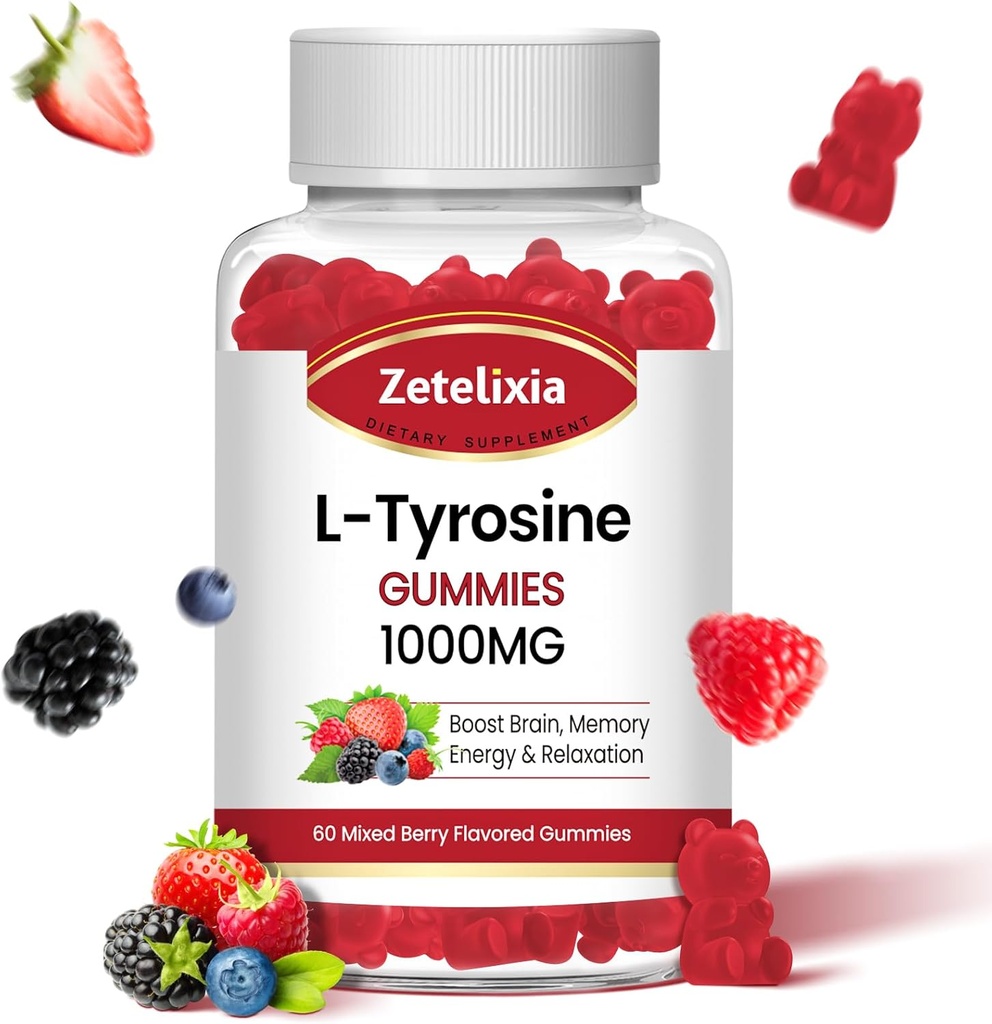 L Tyrosine Gummies 1000mg,L-Theanine supplement Gummy 200mg, Sugar Free L-Tyrosine met vitamine B6 energiesupplementen voor volwassenen en kinderen - Vegan(60 telling)