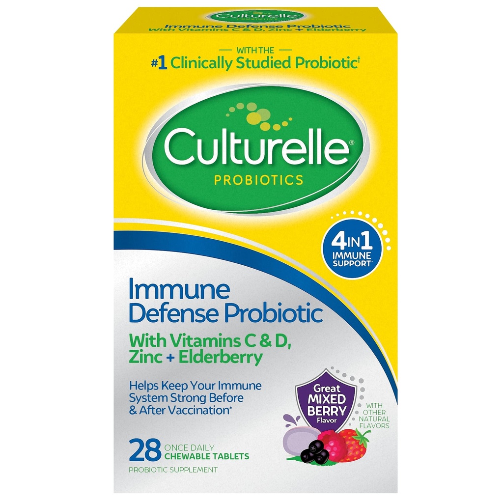 Culturelle Immune Defense Daily Probiotic for Women & Men - 28 Count, Mixed Berry Chewables met 4-in-1 Immune Support. Probiotische vitamine C, vitamine D en zink Plus vlierbes