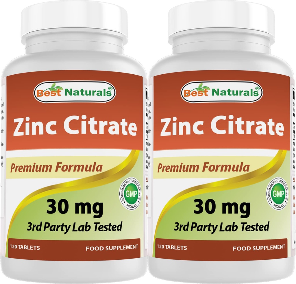 Best Naturals Zink 30 mg Supplementen (als zink citraat) - zink Vitaminen voor volwassenen Immune Ondersteuning - 120 tabletten (pakket 2)