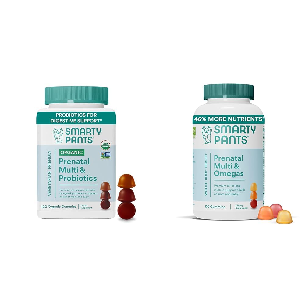 SmartyBants Biologische Prenatale Vitaminen voor Vrouwen Multivitamine Gummies Bundle: Probiotica, Biotine, Methylfolaat, Omega 3, Vitamine D3, B12, B6, A, K & Zink, 120 Tellen
