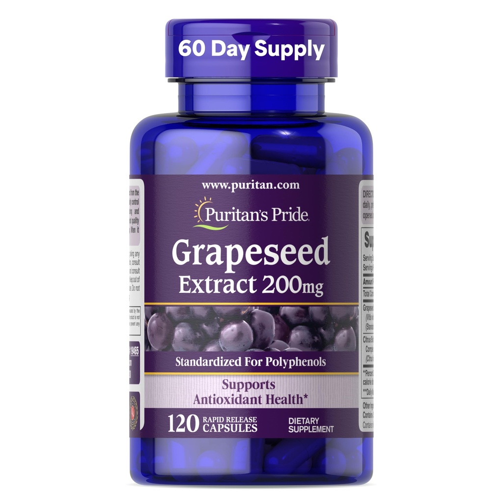 Puritan's Pride Graines Extract 200mg, Supplément diététique pour antioxydant et soutien de la santé cardiaque, 2 mois d'approvisionnement, 120 capsules à libération rapide