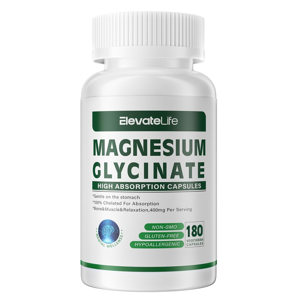 Magnesium Glycinate 400 MG per portie 100% gecheleerd voor hoge absorptie, zacht op de maag, niet-GMO, 180 Vegetarische capsules