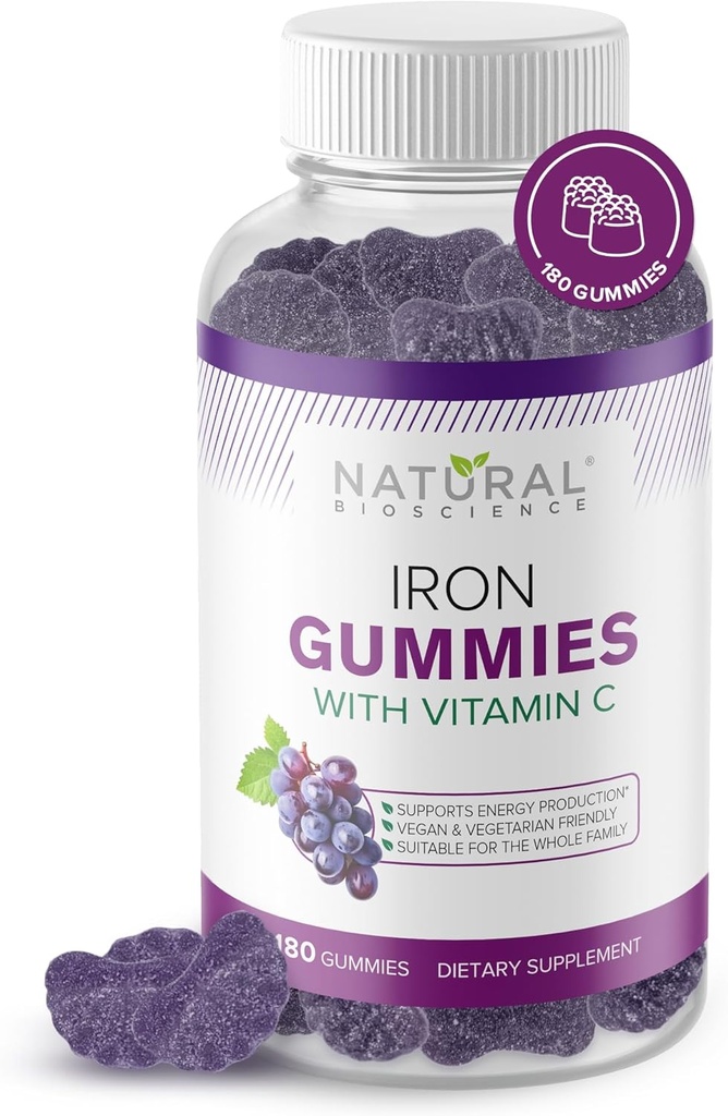 Gommies de fer avec vitamine C - Supplément de fer à croquer pour l'anémie de carence en fer, soutien des globules rouges, énergie, fonction immunitaire, santé cérébrale, absorption maximale, arômes de raisin, 180 Gommies végétaliens
