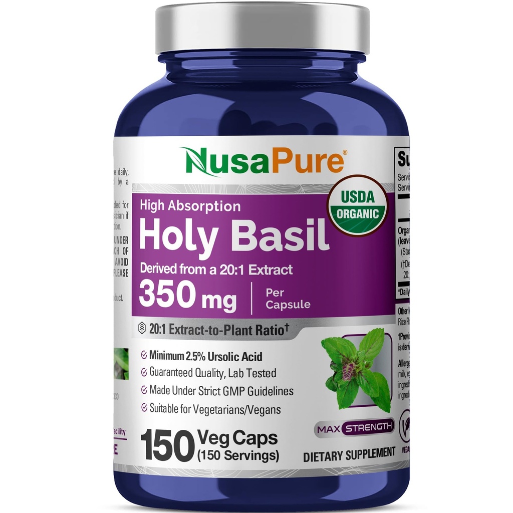 NusaPure USDA Capsules de Basilic Saint Organique 20:1 Extrait, 350 mg Équivalent à 7.000mg.