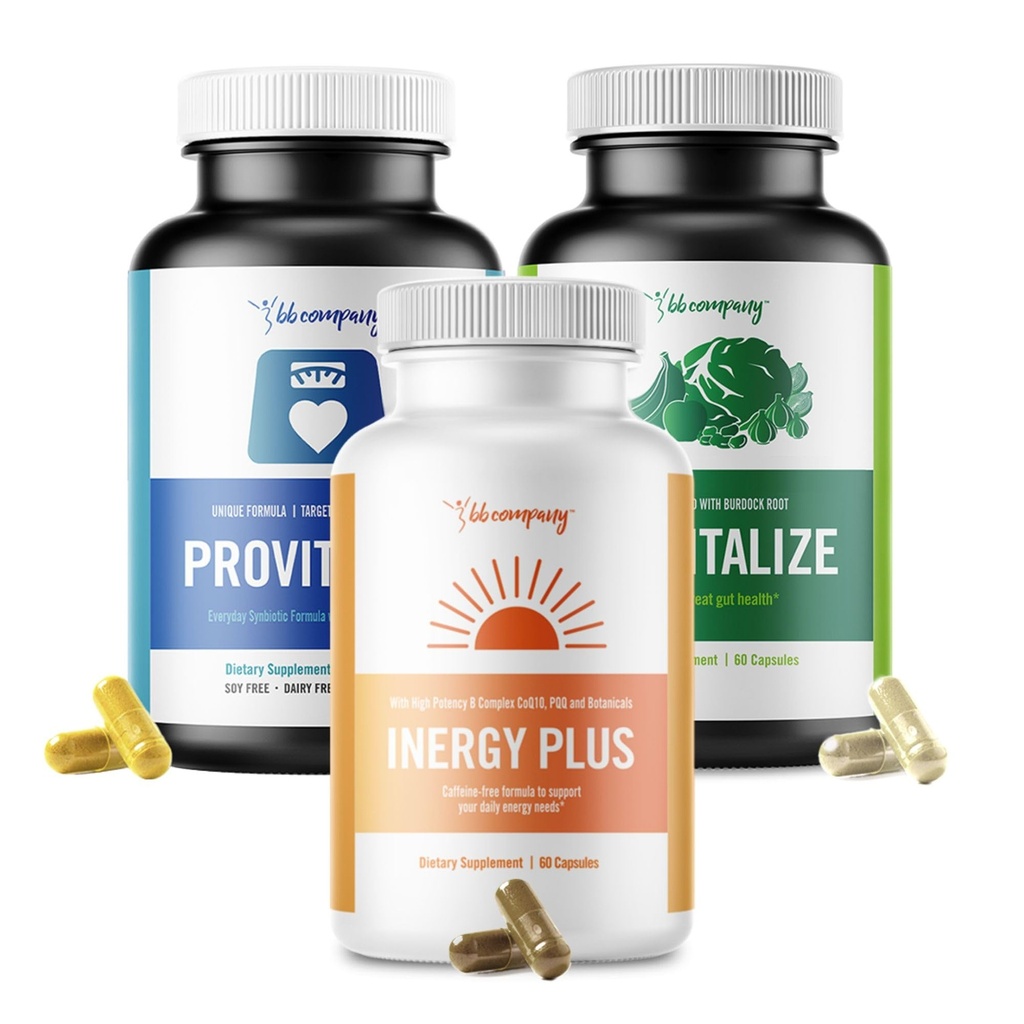 BB Company Menokit Bundle , Vitamines de la ménopause - Soignes Joint Aches, stimule l'énergie, la clarté mentale, la santé Gut , Provitaliser, Prévitaliser et inergyPLUS , Valeur Bundle , Emballage Vary , 30 jours