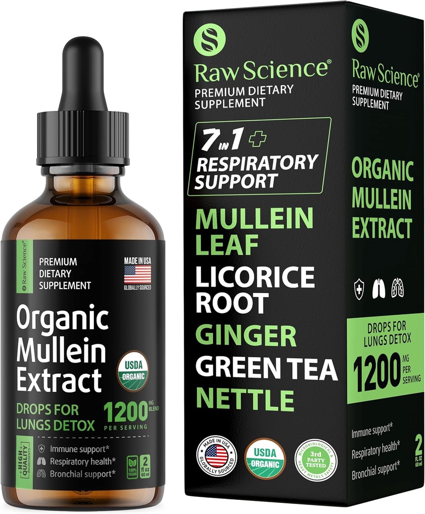Biologische Mullein druppels voor de longen - Respiratory Support & Mucus Relief - Lung Detox for Smokers: Mullein Leaf Extract, Licorice, Gember, Oregano & Nettle Leaf, Thyme - Lung Cleanse Kruidenextract, 2oz