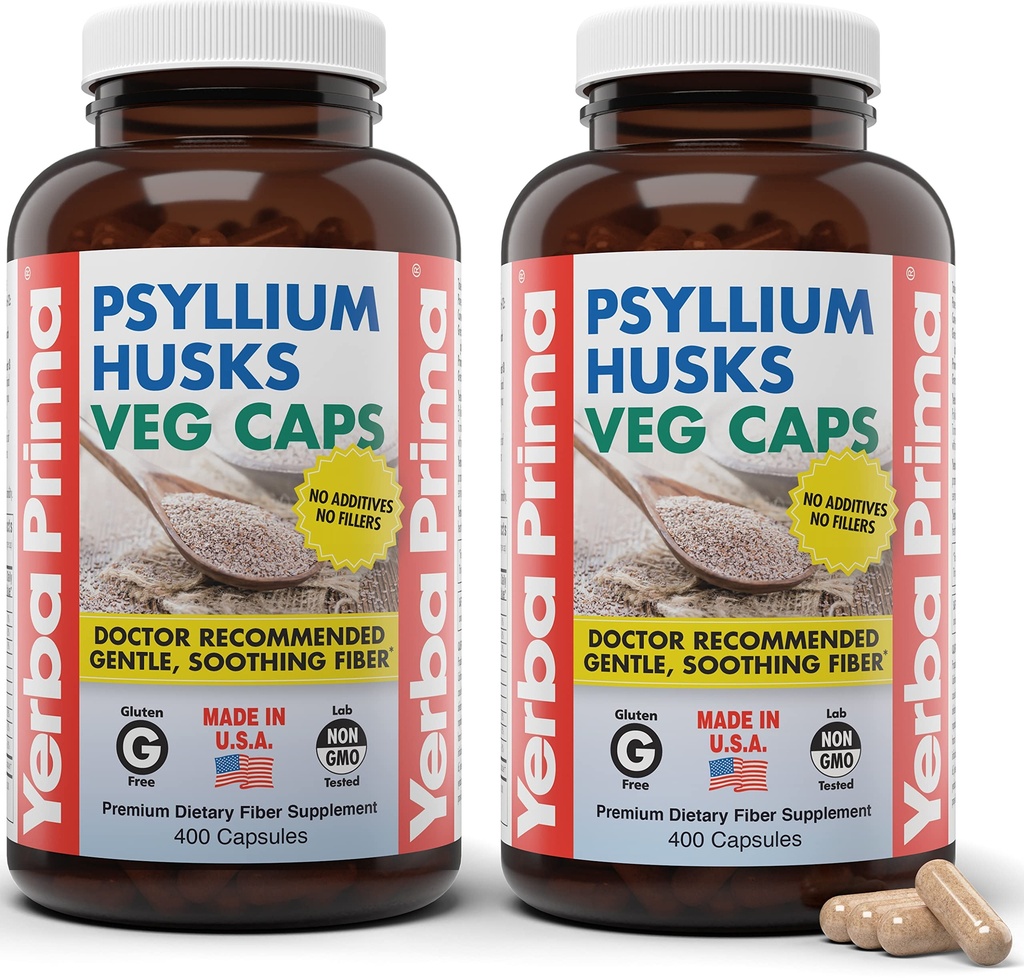 Yerba Prima Psyllium Husks Veg Caps, 400 Capsules (625 mg) (verpakking van 2) - Veganistisch, non-GMO, Glutenvrij, Colon Cleanser, Dagelijks vezelsupplement voor Gut Health & Regularity