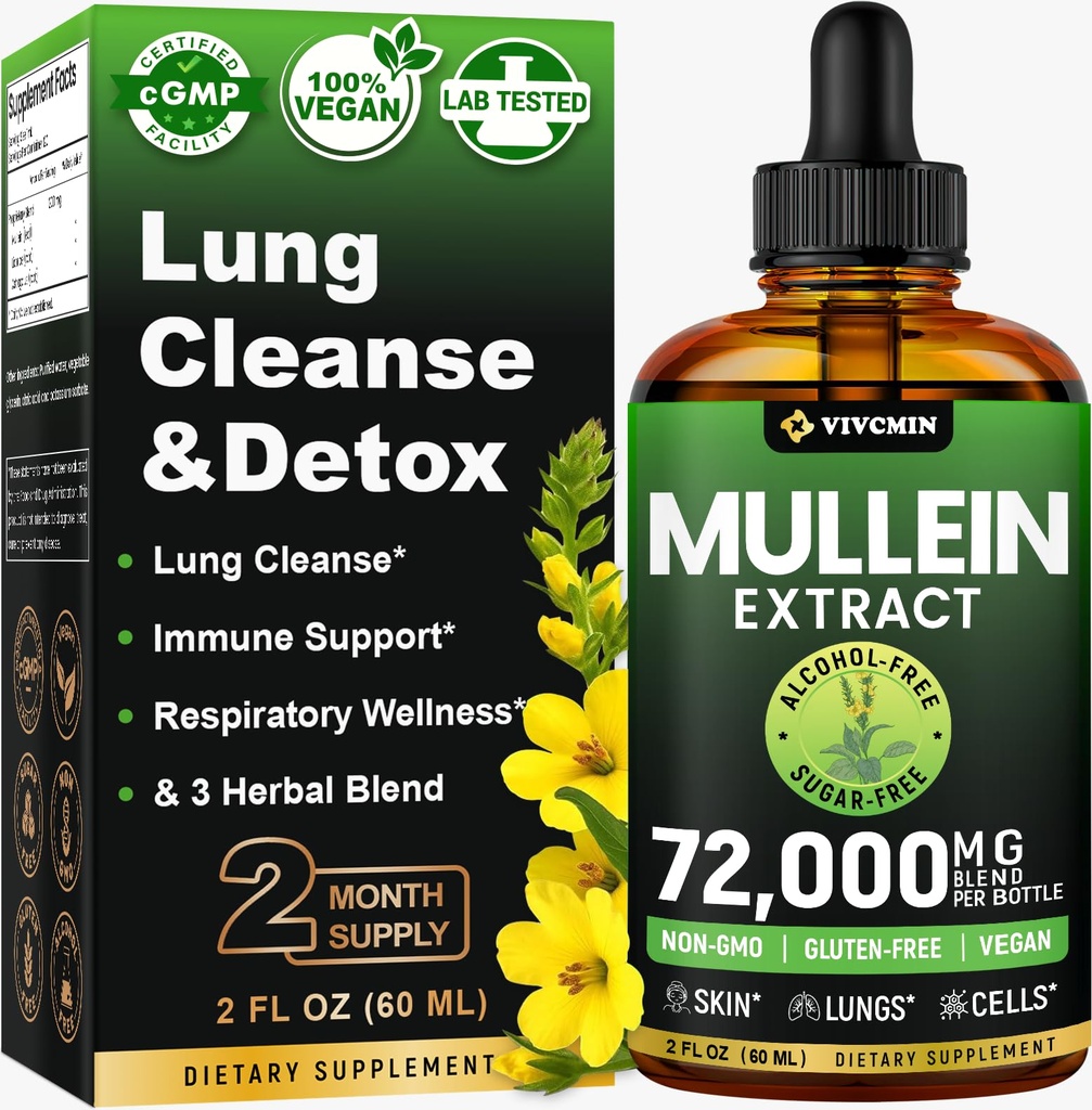 Mullein Drops for Longs, 3-in-1 Mullein Leaf Extract for Longs Health, Herbal Respiratory Lung Health Support Supplement, Support Immune & Digestive Wellness, Sugar & Alcohol-Free - 2 FL OZ