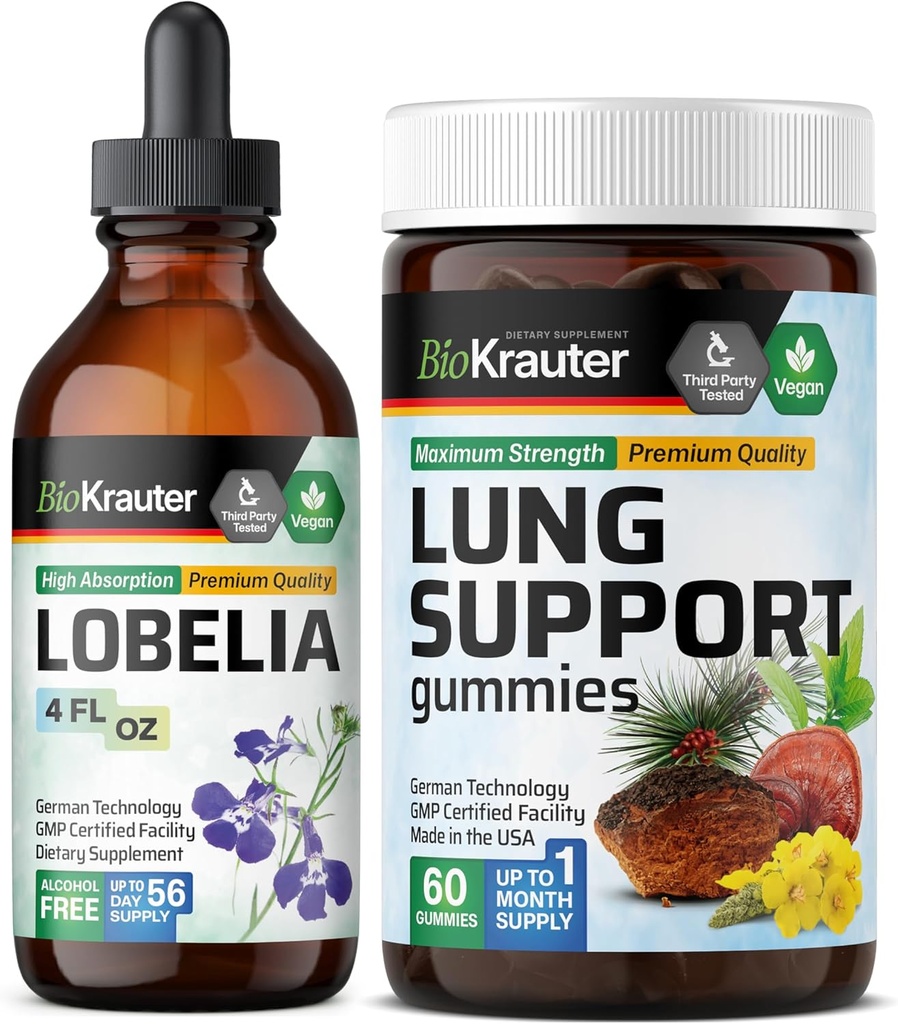 BIO KRAUTER Lobelia Tinctuur 4 Fl. Oz. & Lung Detox 60 Gummies
