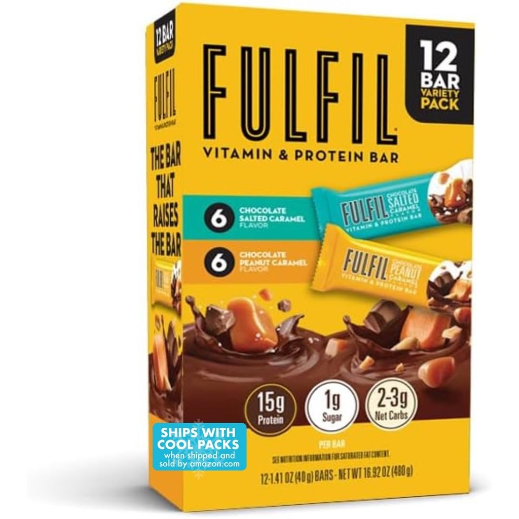 FULFIL proteïne Snack Bars, 6 Chocolade Pinda en Caramel & 6 Chocolade Gezouten Karamel, 15g Proteïne, Pantry Staples, 12 Tellen