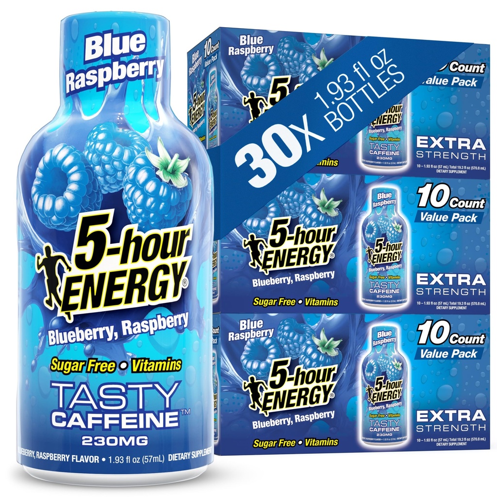 5-uurs ENERGIE Shots Extra sterkte, Blue Raspberry Flavor, 30 Tellen, 1,93 Fl Oz, Suikervrij, Zero Calorieën, Aminozuren en essentiële B Vitaminen, Dieetsupplement, Voel Alert en Energiek, 230 mg Cafeïne